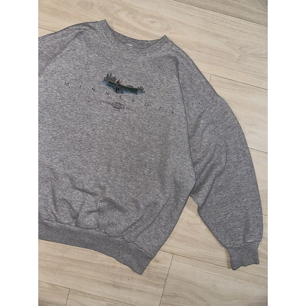 Vintage Minnesota Sweatshirt Mens L Gray Up North USA‎ Canoe Fishing 90s Sweater